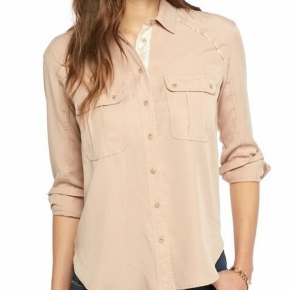 Free People Tan Cuffed Sleeve Button Down Shirt